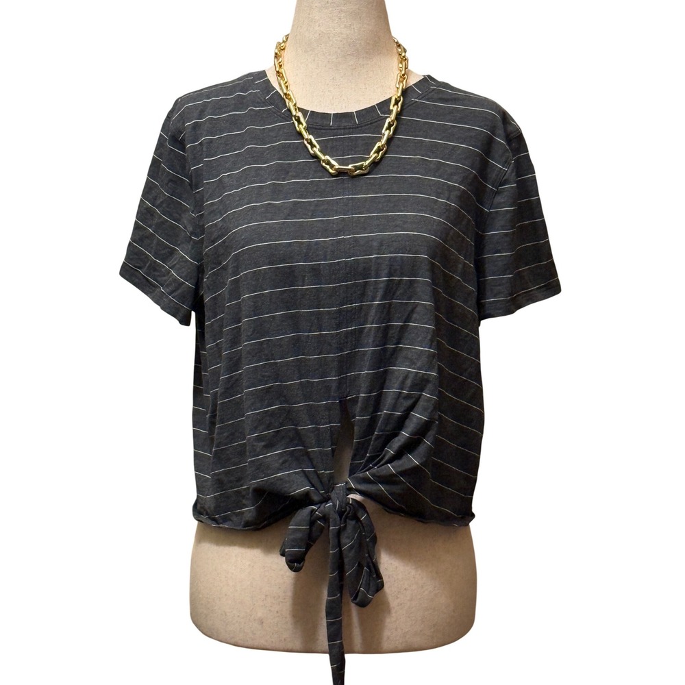 Size 10 Lululemon Striped Front Tie Knot Short Sleeve Top Charcoal Grey White